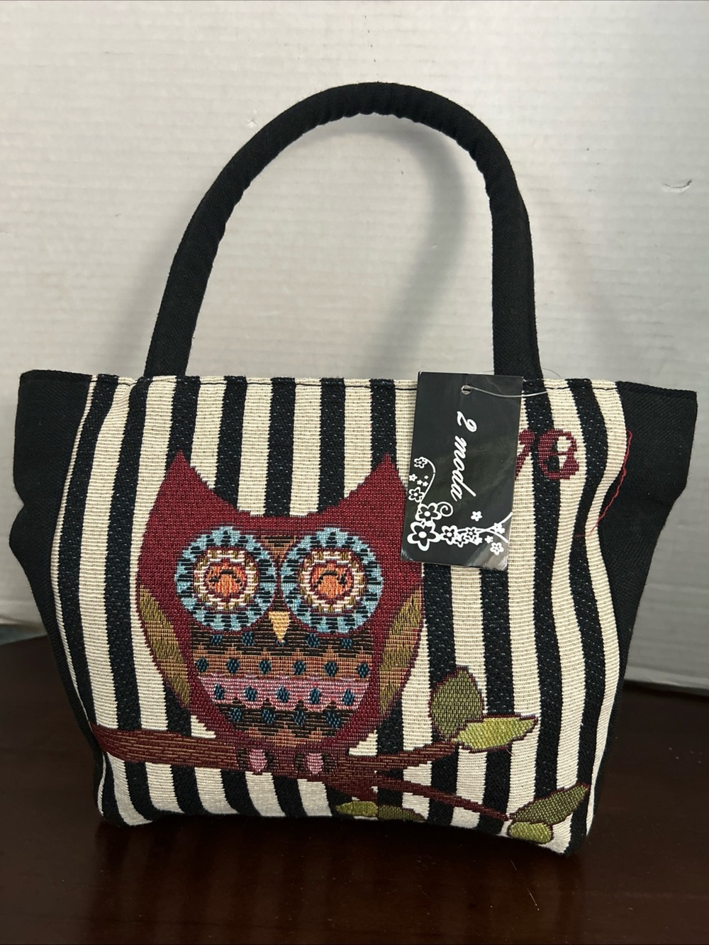 2 Moda Boho Folk Art embroidered Owl tote bag woven stripped tapestry NWT